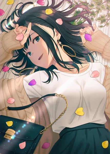 Anime picture 858x1200 with original hyuuga azuri single long hair tall image looking at viewer fringe breasts open mouth blue eyes black hair smile payot indoors lying long sleeves fingernails open clothes arms up on back