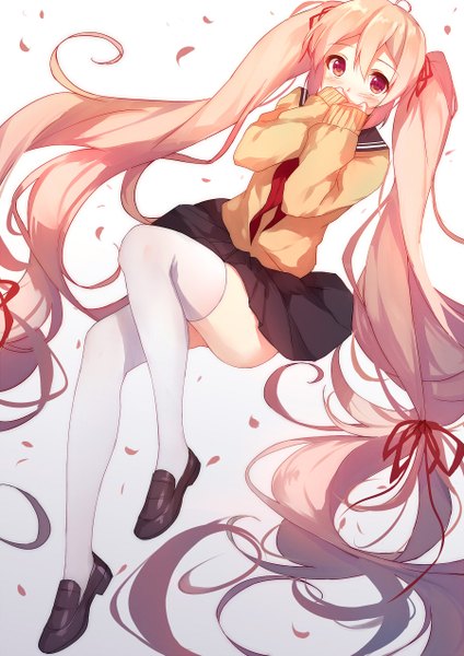 Anime picture 900x1272 with vocaloid hatsune miku sakura miku caidychen single tall image looking at viewer blush simple background red eyes twintails pink hair very long hair embarrassed girl thighhighs skirt uniform ribbon (ribbons) hair ribbon