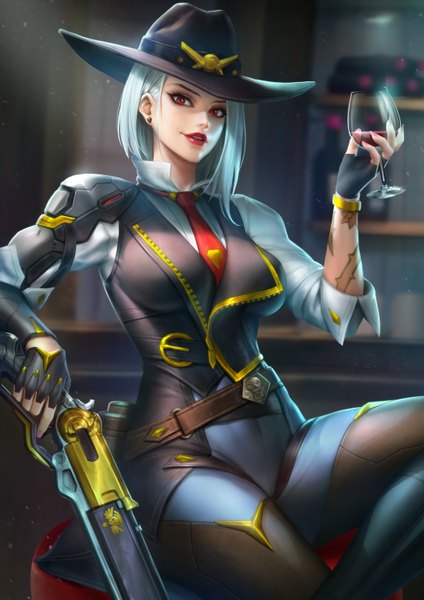 Anime picture 2480x3508 with overwatch blizzard entertainment ashe (overwatch) nudtawut thongmai single tall image looking at viewer highres short hair breasts red eyes sitting holding white hair parted lips fingernails realistic tattoo lipstick red lipstick