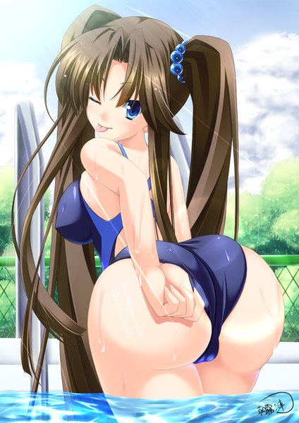 Anime picture 3307x4677 with original argenteumastrum single long hair tall image highres blue eyes light erotic black hair twintails absurdres ass one eye closed looking back wink :p girl hair ornament swimsuit hair tie