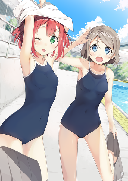 Anime picture 850x1200 with love live! sunshine!! sunrise (studio) love live! watanabe you kurosawa ruby tsubure manjuu tall image looking at viewer blush fringe short hair open mouth blue eyes light erotic smile standing multiple girls green eyes sky cloud (clouds)