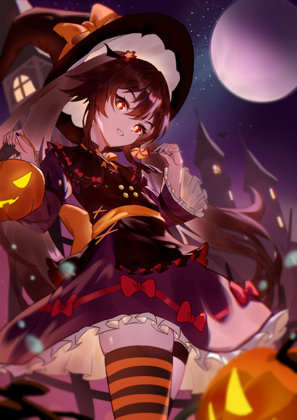 Anime picture 1158x1637 with genshin impact hu tao (genshin impact) naeeeegi single long hair tall image fringe smile hair between eyes red eyes brown hair standing twintails outdoors from below grin symbol-shaped pupils halloween girl thighhighs
