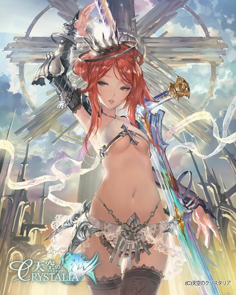 Anime picture 914x1143 with tenkuu no crystalia hjl single long hair tall image light erotic looking away red hair bare belly grey eyes watermark fantasy logo girl navel ribbon (ribbons) weapon sword building (buildings) crown