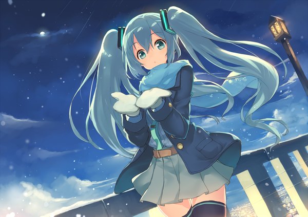 Anime picture 1500x1061 with vocaloid hatsune miku hajime kaname single long hair hair between eyes twintails payot sky cloud (clouds) pleated skirt aqua eyes wind aqua hair night :o dutch angle night sky looking down snowing