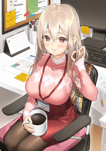 Anime picture 1200x1707 with original ran s200 single long hair tall image looking at viewer blush fringe breasts blonde hair smile hair between eyes red eyes large breasts sitting holding indoors long sleeves from above blurry