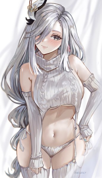 Anime picture 1108x1932 with genshin impact shenhe (genshin impact) atiarta7 single long hair tall image looking at viewer blush fringe breasts light erotic large breasts standing signed silver hair long sleeves nail polish head tilt hair over one eye twitter username