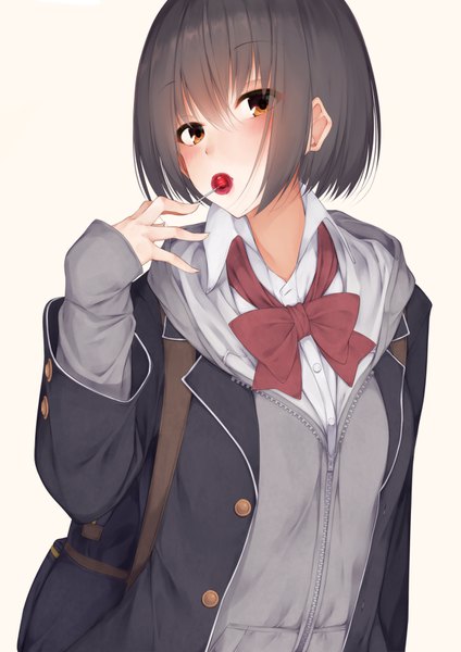 Anime picture 1157x1637 with original waterdog single tall image looking at viewer blush fringe short hair simple background hair between eyes brown hair holding brown eyes eating yellow background girl uniform bow school uniform food