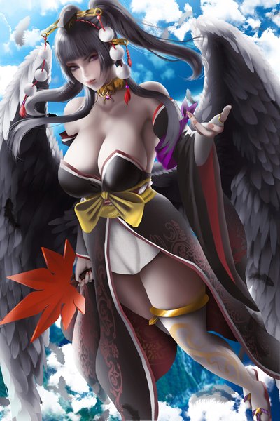 Anime picture 1020x1530 with dead or alive nyotengu orca.huang single long hair tall image looking at viewer fringe breasts light erotic black hair large breasts purple eyes twintails bare shoulders holding sky cleavage cloud (clouds) full body