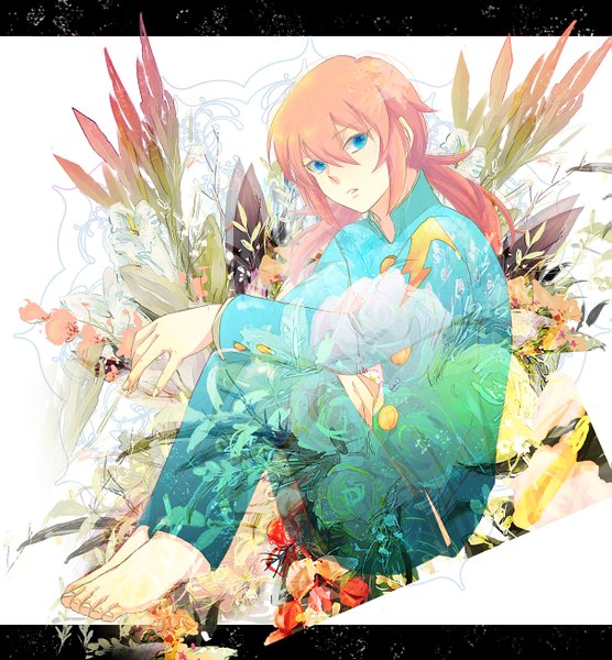 Anime picture 1215x1312 with inazuma eleven go kirino ranmaru usupin single long hair tall image fringe blue eyes hair between eyes sitting twintails pink hair full body barefoot low twintails boy flower (flowers)