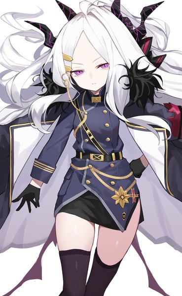 Anime picture 1370x2230 with blue archive hina (blue archive) yuuuuu single long hair tall image looking at viewer simple background white background purple eyes white hair horn (horns) hand on hip side slit slit pupils clothes on shoulders girl thighhighs gloves black thighhighs