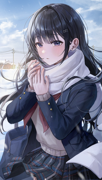 Anime picture 1541x2721 with original myowa single long hair tall image looking at viewer blush fringe open mouth black hair standing purple eyes sky cloud (clouds) outdoors blunt bangs long sleeves pleated skirt open clothes tears