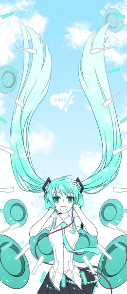 Anime picture 1024x2355 with vocaloid hatsune miku single long hair tall image open mouth smile bare shoulders green eyes sky cloud (clouds) very long hair green hair wind singing girl skirt gloves necktie azrain