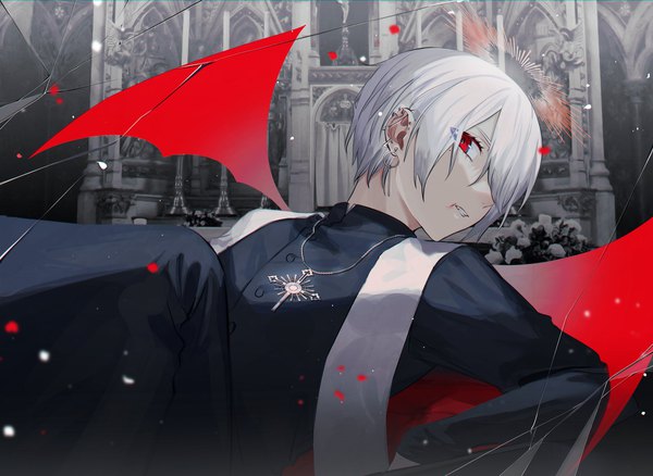 Anime picture 2048x1495 with original iyo (iyoo) single looking at viewer fringe highres short hair red eyes silver hair hair over one eye turning head demon wings architecture broken glass boy wings halo cross cross necklace habit