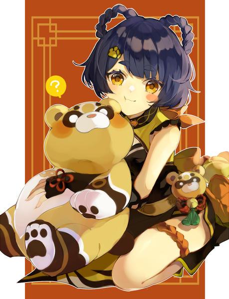 Anime picture 900x1176 with genshin impact xiangling (genshin impact) guoba (genshin impact) naruka (ynarukay) single tall image looking at viewer fringe short hair yellow eyes blue hair hair rings ? blush stickers girl animal speech bubble bear