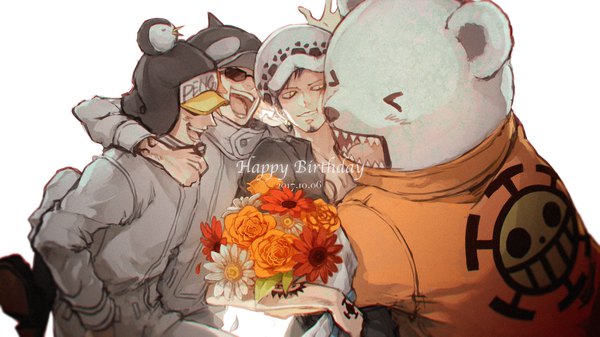 Anime picture 1920x1080 with one piece toei animation trafalgar law bepo penguin (one piece) shachi (one piece) kieshi heta highres short hair open mouth simple background wide image white background eyes closed multiple boys hug dated happy birthday > < cheek-to-cheek