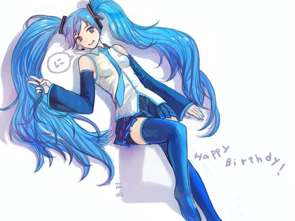 Anime picture 1024x768 with vocaloid hatsune miku sime (echo) single long hair blue eyes simple background smile white background twintails blue hair nail polish inscription shadow happy birthday cropped girl detached sleeves boots thigh boots