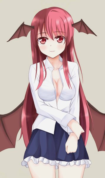 Anime picture 1425x2400 with touhou koakuma wendell single long hair tall image blush breasts light erotic simple background red eyes cleavage red hair grey background open clothes no bra open shirt bat wings head wings holding arm