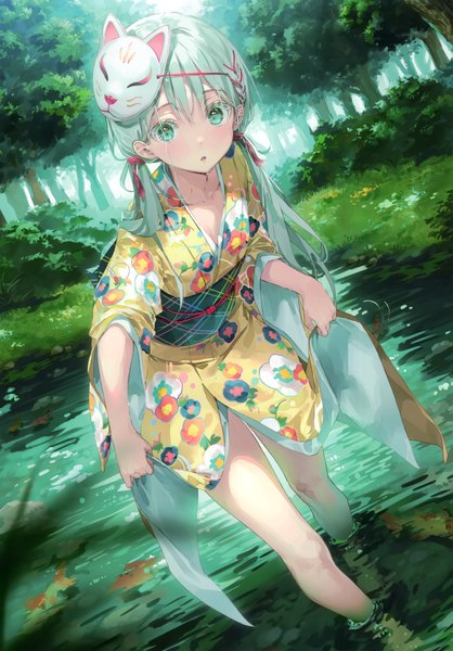 Anime picture 2097x3011 with original dsmile single long hair tall image looking at viewer blush fringe highres open mouth hair between eyes standing twintails green eyes silver hair outdoors traditional clothes japanese clothes scan wide sleeves