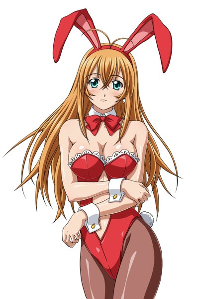 Anime picture 1024x1536 with ikkitousen sonsaku hakufu single long hair tall image looking at viewer blush fringe breasts light erotic simple background blonde hair large breasts white background bare shoulders green eyes bunny ears bunny girl girl bow