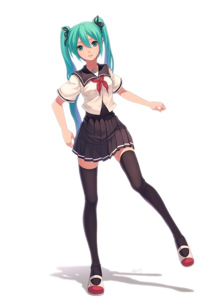 Anime picture 2200x3000 with vocaloid hatsune miku fkey single long hair tall image looking at viewer fringe highres simple background standing white background twintails aqua eyes aqua hair shadow girl thighhighs uniform hair ornament