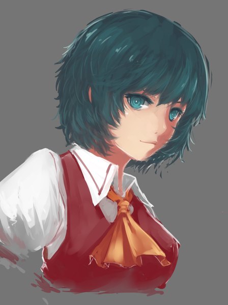 Anime picture 2264x3028 with touhou kazami yuuka sola7764 single tall image looking at viewer highres short hair simple background aqua eyes aqua hair grey background girl neckerchief