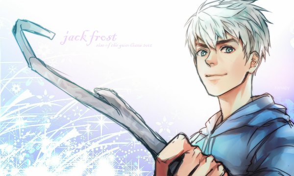 Anime picture 1000x600 with rise of the guardians dreamworks jack frost (rise of the guardians) kankung single looking at viewer short hair blue eyes wide image white hair inscription wallpaper boy staff