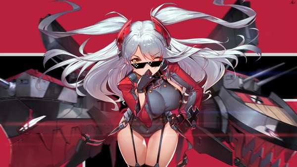 Anime picture 1920x1080 with azur lane prinz eugen (azur lane) duan henglong single long hair looking at viewer fringe highres breasts light erotic hair between eyes wide image large breasts signed yellow eyes payot one eye closed wink grey hair leaning