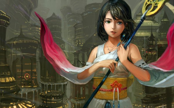 Anime picture 1600x1000 with final fantasy final fantasy x square enix yuna (ff10) november (jeanex) single looking at viewer fringe short hair blue eyes black hair wide image bare shoulders holding traditional clothes lips weightlessness girl detached sleeves pendant