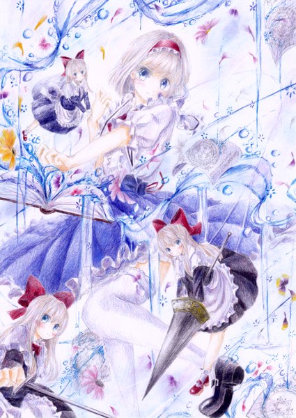 Anime picture 708x1000 with touhou alice margatroid shanghai darkkanan long hair tall image blush fringe short hair blue eyes blonde hair looking away blunt bangs outstretched arm traditional media colored pencil (medium) girl thighhighs flower (flowers) bow