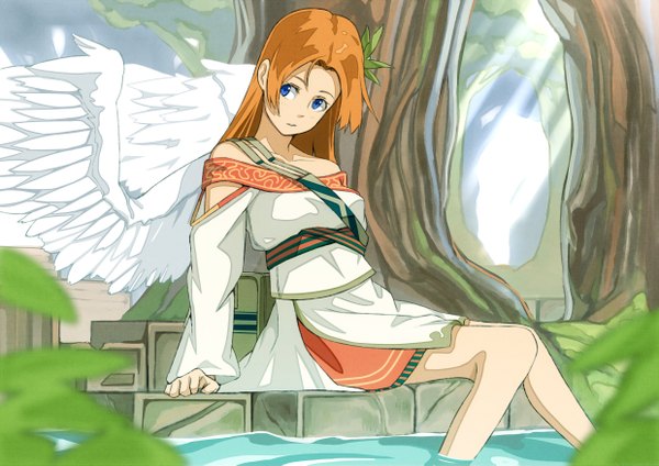 Anime picture 2480x1753 with original rano single long hair highres blue eyes sitting bare shoulders looking away orange hair arm support angel wings soaking feet girl dress hair ornament plant (plants) wings tree (trees) water