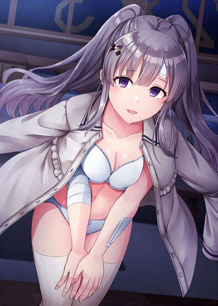Anime picture 857x1200 with idolmaster idolmaster shiny colors yuukoku kiriko kamelie single long hair tall image looking at viewer blush fringe breasts open mouth light erotic smile standing purple eyes payot cleavage indoors :d