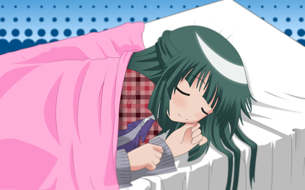 Anime picture 2560x1600 with hidamari sketch shaft (studio) yoshinoya long hair highres wide image green hair sleeping bed supersonicdarky