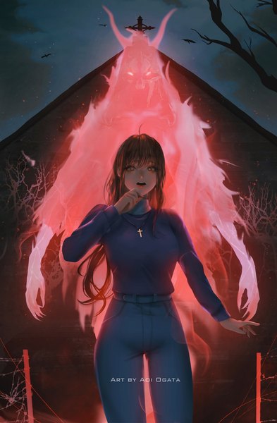 Anime picture 1157x1767 with original aoi ogata single long hair tall image looking at viewer fringe open mouth brown hair standing brown eyes signed ahoge outdoors arm up horn (horns) glowing watermark glowing eye (eyes) ghost