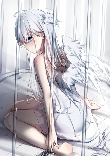 Anime picture 868x1228 with original umou (may65879) single long hair tall image looking at viewer blush fringe breasts blue eyes sitting bare shoulders silver hair full body ahoge bent knee (knees) profile looking back barefoot from behind