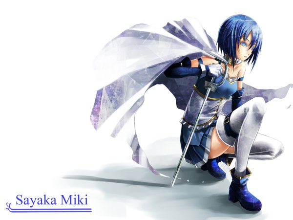 Anime picture 1600x1200 with mahou shoujo madoka magica shaft (studio) miki sayaka single short hair blue eyes simple background white background blue hair girl thighhighs gloves weapon detached sleeves white thighhighs sword cloak collar