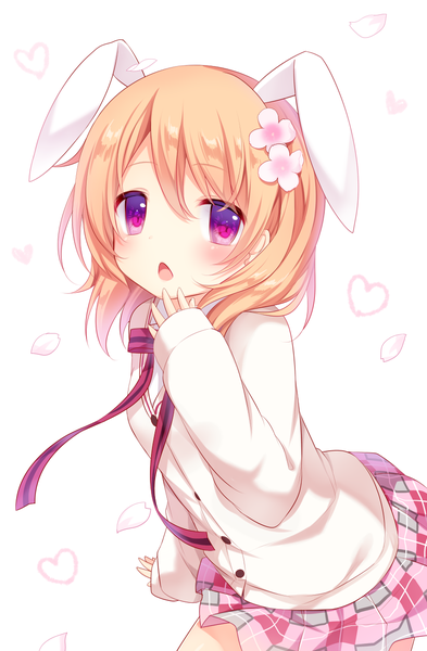 Anime picture 800x1219 with gochuumon wa usagi desu ka? white fox hoto cocoa nachi single long hair tall image blush open mouth blonde hair simple background white background animal ears pleated skirt pink eyes hair flower bunny ears plaid skirt surprised girl