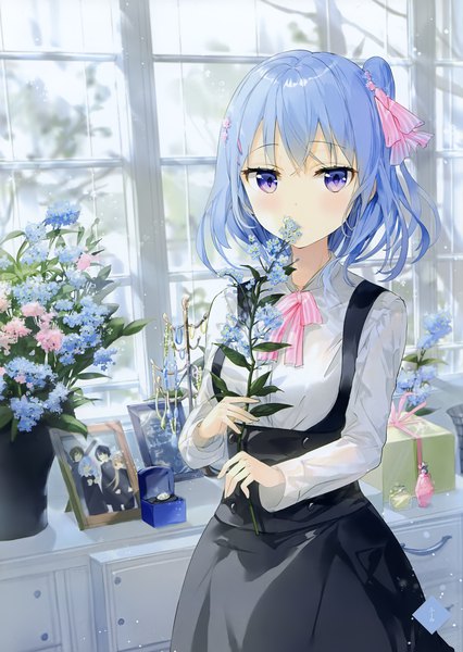 Anime picture 2839x4000 with original fuumi (radial engine) single tall image looking at viewer blush fringe highres short hair purple eyes blue hair indoors one side up girl dress flower (flowers) ribbon (ribbons) hair ribbon window gift