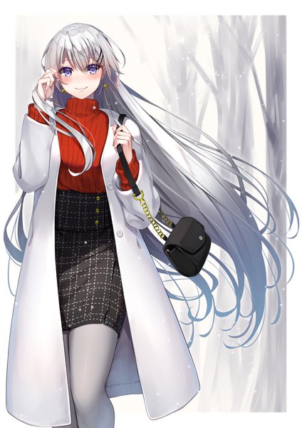 Anime picture 2894x4093 with azur lane enterprise (azur lane) yamanokami eaka single long hair tall image looking at viewer blush fringe highres breasts smile hair between eyes purple eyes holding silver hair outdoors wind blurry open clothes