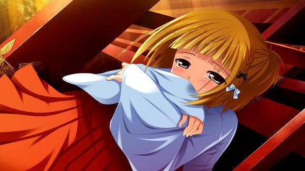 Anime picture 1280x720 with asa project ren'ai 0 kilometer panta (artist) short hair blonde hair red eyes wide image game cg girl