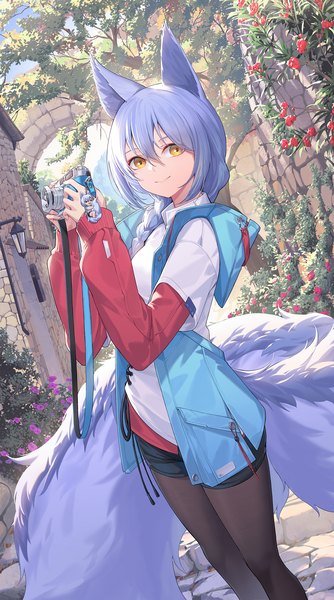 Anime picture 1112x2000 with arknights provence (arknights) nian (zhanian) single long hair tall image looking at viewer fringe smile hair between eyes animal ears yellow eyes purple hair outdoors tail animal tail wolf ears wolf tail wolf girl casual