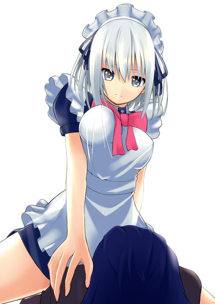 Anime picture 1413x2000 with date a live tobiichi origami itsuka shidou tall image short hair blue eyes light erotic simple background white background blue hair white hair maid girl boy headdress maid headdress