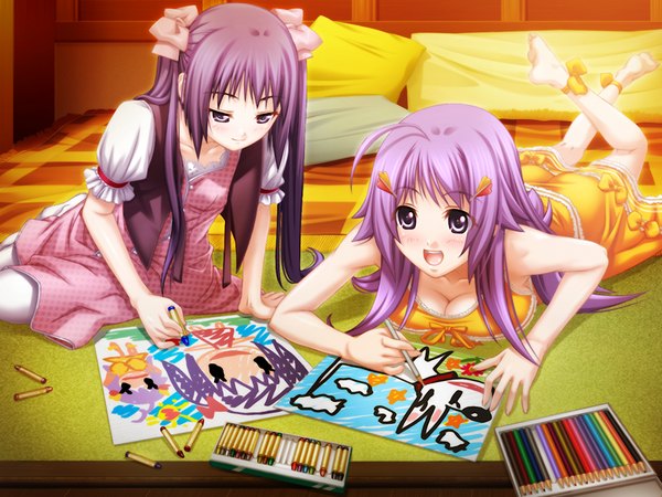 Anime picture 1024x768 with mugen kairou mugen kairou 2 kaoruko nanaka (mugen kairou 2) long hair open mouth blue eyes smile sitting twintails multiple girls game cg cleavage purple hair ahoge lying barefoot drawing girl dress