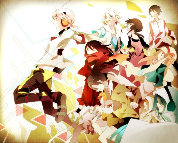 Anime picture 1384x1112 with kagerou project vocaloid shaft (studio) souzou forest (vocaloid) headphone actor (vocaloid) kagerou days (vocaloid) jinzou enemy (vocaloid) konoha no sekai jijou (vocaloid) mekakushi cord (vocaloid) tagme (character) mary (kagerou project) omutatsu long hair fringe short hair open mouth blue eyes blonde hair red eyes brown hair