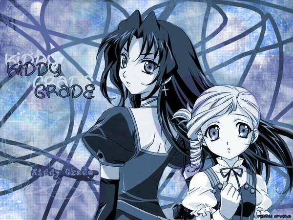 Anime picture 1024x768 with kiddy grade gonzo eclair (kiddy grade) lumiere long hair short hair multiple girls looking away upper body looking back wallpaper puffy sleeves copyright name side ponytail drill hair monochrome girl 2 girls earrings cross