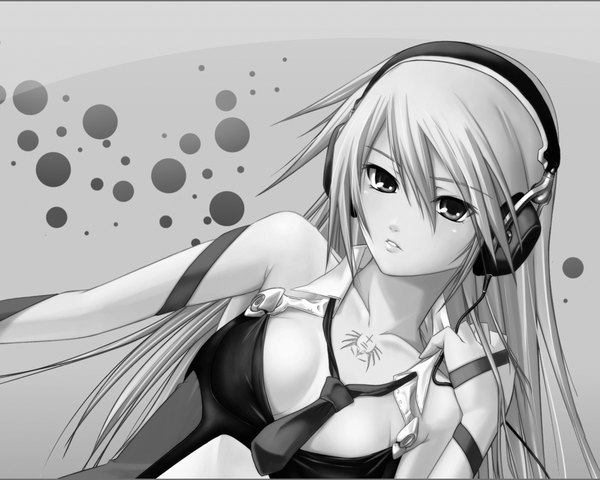 Anime picture 1280x1024 with blazblue noel vermillion single long hair breasts open mouth grey eyes tattoo monochrome girl ribbon (ribbons) necktie headphones