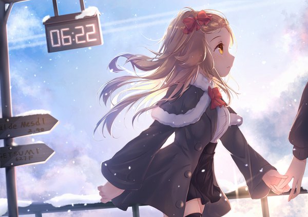 Anime picture 3542x2508 with original jiang xin long hair blush highres open mouth blonde hair looking away absurdres sky outdoors profile wind sunlight open clothes mole orange eyes fur trim mole under eye holding hands