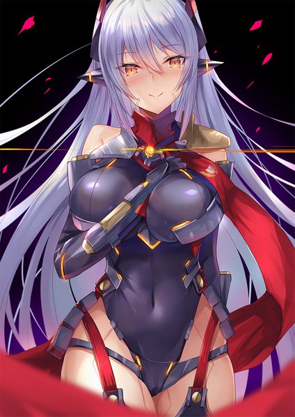 Anime picture 778x1100 with xenoblade xenoblade 2 poppi (xenoblade) inoue takuya (tactactak) single long hair tall image looking at viewer blush fringe breasts light erotic simple background smile hair between eyes large breasts standing yellow eyes payot purple hair