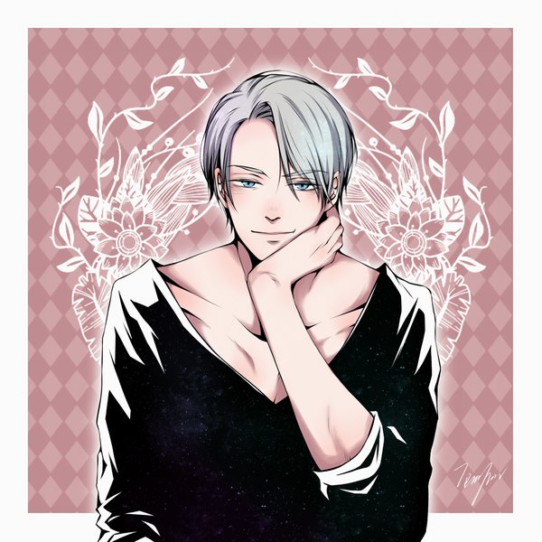 Anime picture 1400x1400 with yuri!!! on ice mappa viktor nikiforov delight hsia single looking at viewer blush fringe short hair blue eyes hair between eyes signed silver hair upper body light smile border outside border chin rest rhombus boy