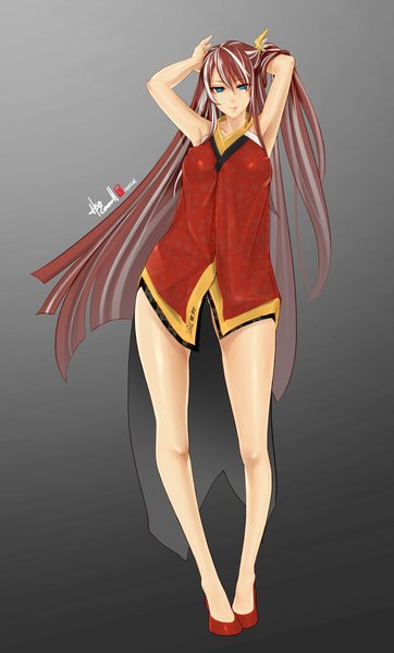 Anime picture 1415x2340 with original caooll (co-ohol) single tall image looking at viewer blue eyes simple background brown hair very long hair mole legs mole under eye arms behind head girl clothes