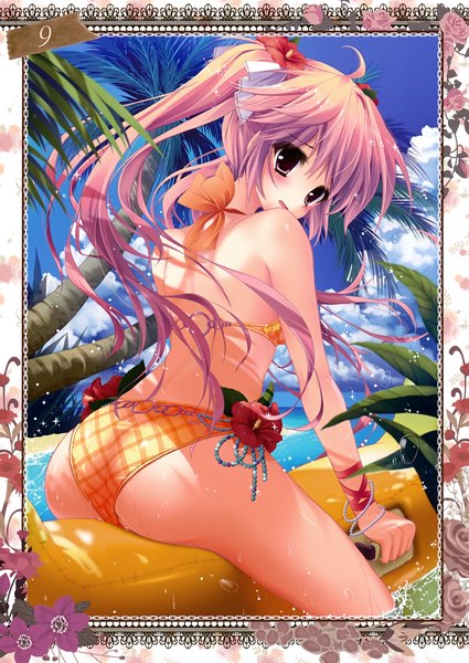 Anime picture 2480x3500 with prismatic world (artbook) shiramori yuse single long hair tall image highres open mouth light erotic purple eyes twintails pink hair sky cloud (clouds) looking back hair flower scan girl hair ornament flower (flowers) swimsuit